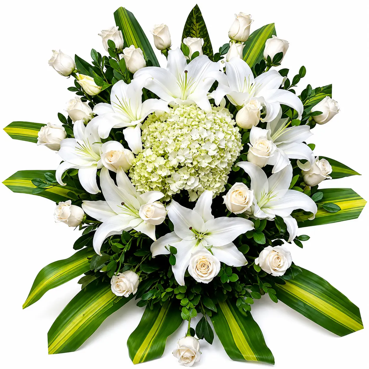 Arreglo floral de piso para velorio con rosas blancas hortensias y lirios elegante arreglo de condolencias con entrega a domicilio en Lima